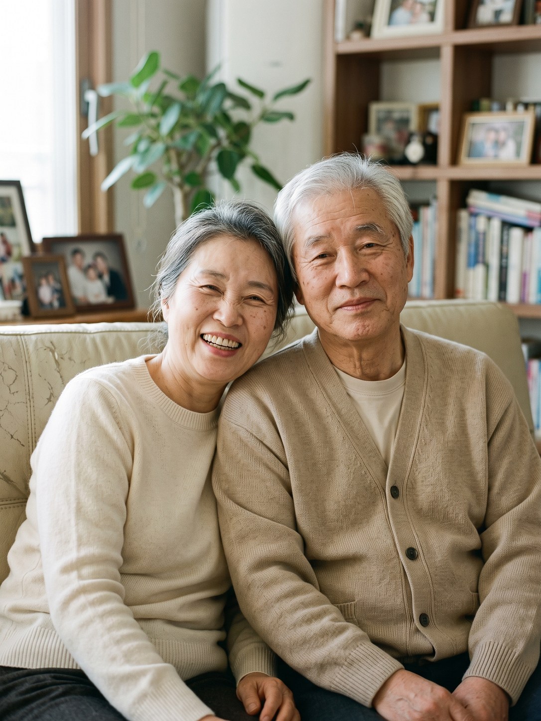 거실 소파에 나란히 앉아 웃으며 이야기하는 노부부