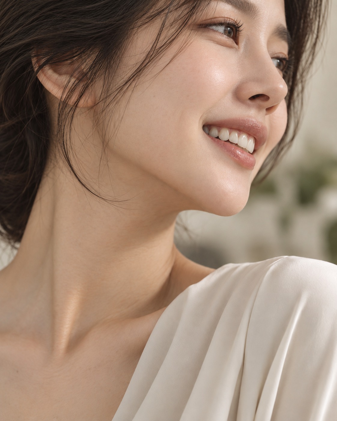 라미네이트 재시술의 자연스러운 치아 라인을 보여주는 모델 클로즈업 이미지